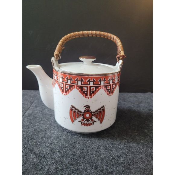 Mid-Century 1970 1970s vintage ceramic teapot thunderbird design, made in Japan stoneware